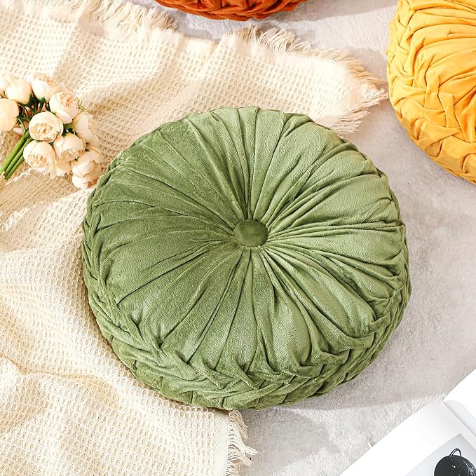 Drydiet 2 Pcs Round Throw Velvet Pillows Decorative Pleated Throw Pillows Diameter Accent Pumpkin Boho Chair Cushion for Couch Sofa Home Decoration (Olive Green,15'')
