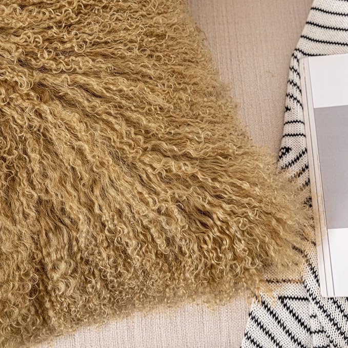 Mongolian Fur Pillow Cover in Burgundy Real Lamb Fur Throw Cover for Bedroom Living Room 16 x 16inch Khaki Home Decorative