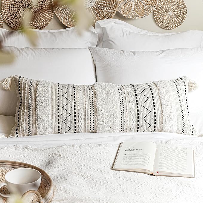 BlissBlush 14x36 Lumbar Pillow Cover for Bed, Rectangular Long Decorative Throw Pillowcase, Boho Accent Cushion with Black Tufted Pattern and Tassels, Cream Neutral (Cover Only)