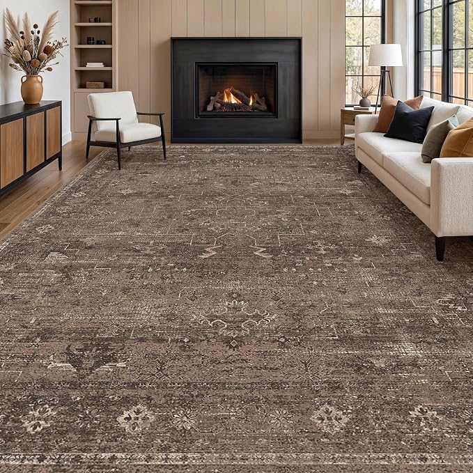 Farmhouse Brown Washable 8x10 Area Rug for Living Room, Dark Neutral Vintage Distressed Large Rug for Bedroom, Non-Slip Soft Stain Resistant Carpet for Dining Room Office Décor