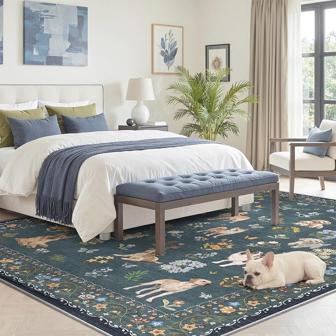 Soalmost Dog 6x9 Area Rugs for Living Room, Machine Washable Animal Floral Vintage Rug Non-Slip Low Pile Soft Throw Rugs for Bedroom Dining Room Kitchen Nursery Playroom (6 x 9,Navy Blue)