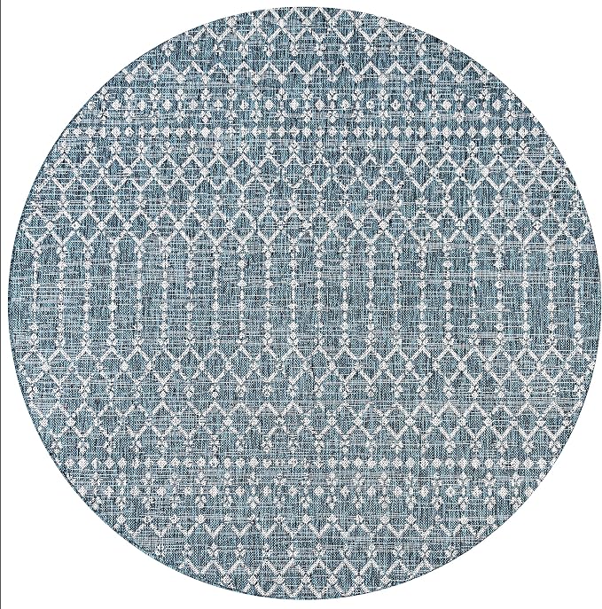 JONATHAN Y Moroccan Geometric Indoor Outdoor Round Area Rug 6 Ft Teal/Gray, Ourika Textured Weave for Backyard, Patio, Porch, Easy-Cleaning, High Traffic, Pet-Friendly, Non-Shedding (SMB108C-6R)