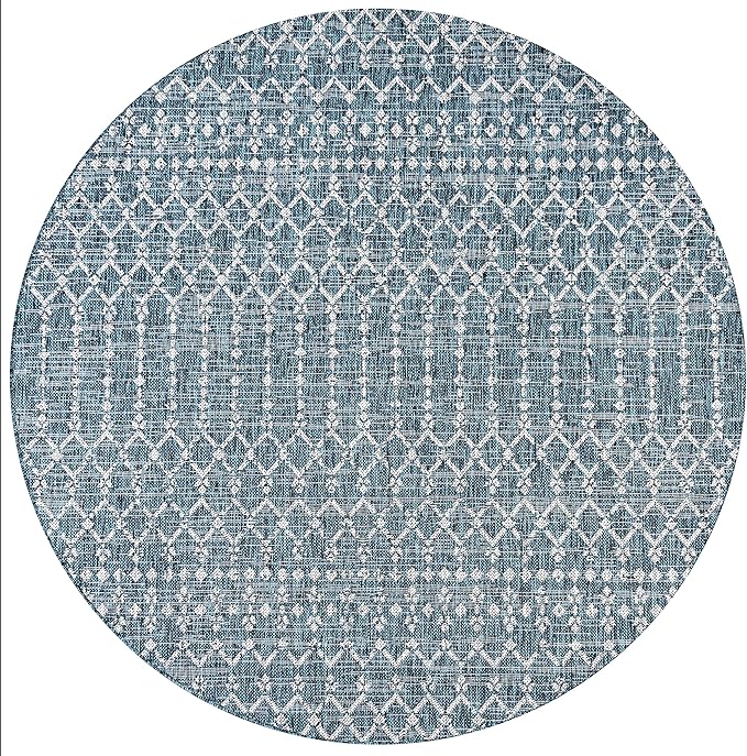 JONATHAN Y Moroccan Geometric Indoor Outdoor Round Area Rug 3 Ft Teal/Gray, Ourika Textured Weave for Backyard, Patio, Porch, Easy-Cleaning, High Traffic, Pet-Friendly, Non-Shedding (SMB108C-3R)
