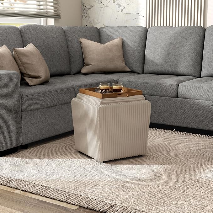 Furniture of America Lennox Modern Chenille 17-inch Square Storage Ottoman with Reversible Tray Top, Upholstered Footstool for Living Room, Bedroom, Entryway, Beige Pink