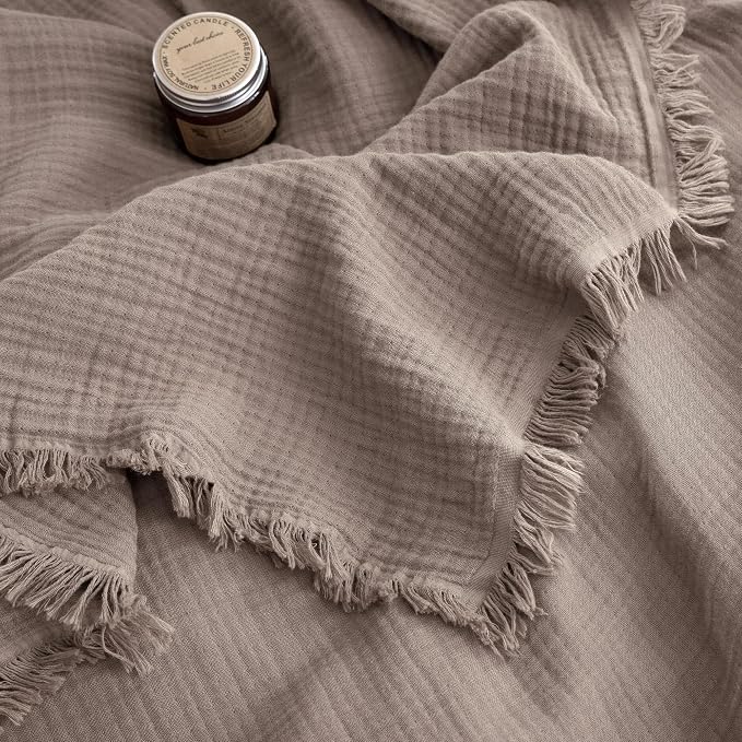 FOSSA Muslin Blanket 4-Layer 100% Cotton Gauze Blanket with Fringe 104"x90" | Super Soft Breathable Lightweight All Season & Decorative Blanket or Bed, Sofa, Office (Pale Brown, King )