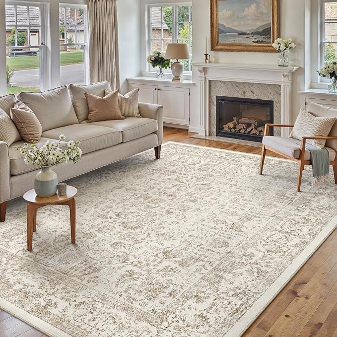 PureCozy Light Brown Area Rug 6x9 Machine Washable Vintage Living Room Distressed Non Slip Carpet Traditional Indoor Bedroom Retro Floral Accent Throw Large Rug for Office Kitchen Dining Room