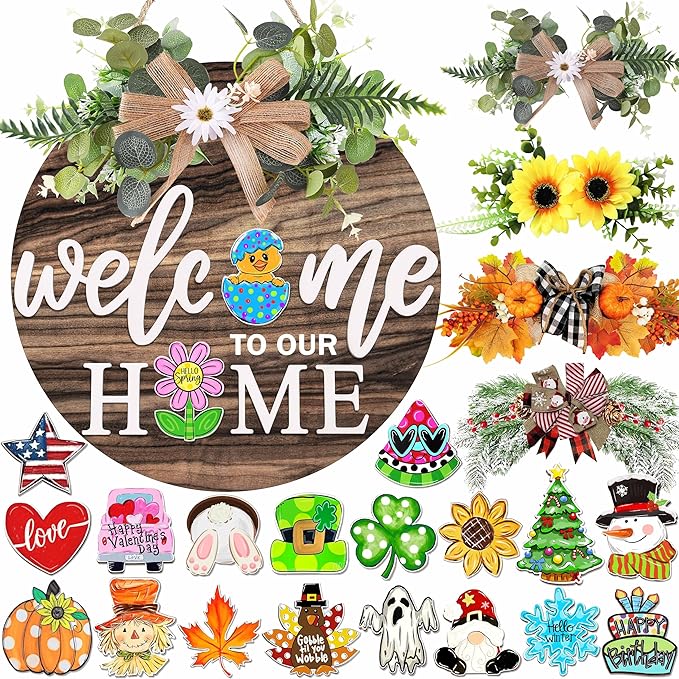 Interchangeable Welcome Sign for Front Door with 4 Seasonal Wreaths 21 Changeable Icons, Farmhouse Rustic Outdoor Welcome Signs Porch, Spring Winter Fall Decorations for Home House Warming Gifts