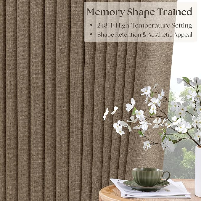 Latte Pleated Linen Blackout Curtains 84 Inches Long for Bedroom Living Room Pinch Pleat Black Out Thermal Insulated Ring Hooks Back Tab Room Darkening Drapes Light Brown Curtains with Liner