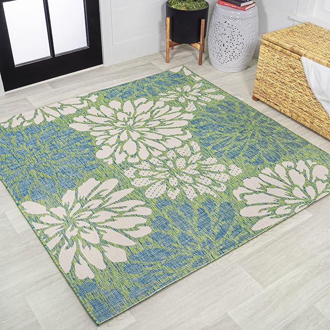 JONATHAN Y Floral Textured Weave Indoor Outdoor Square Area Rug 5X5 Cream/Green, Zinnia Modern for Backyard, Patio, Porch, Easy-Cleaning, High Traffic, Pet-Friendly, Non-Shedding (SMB110D-5SQ)