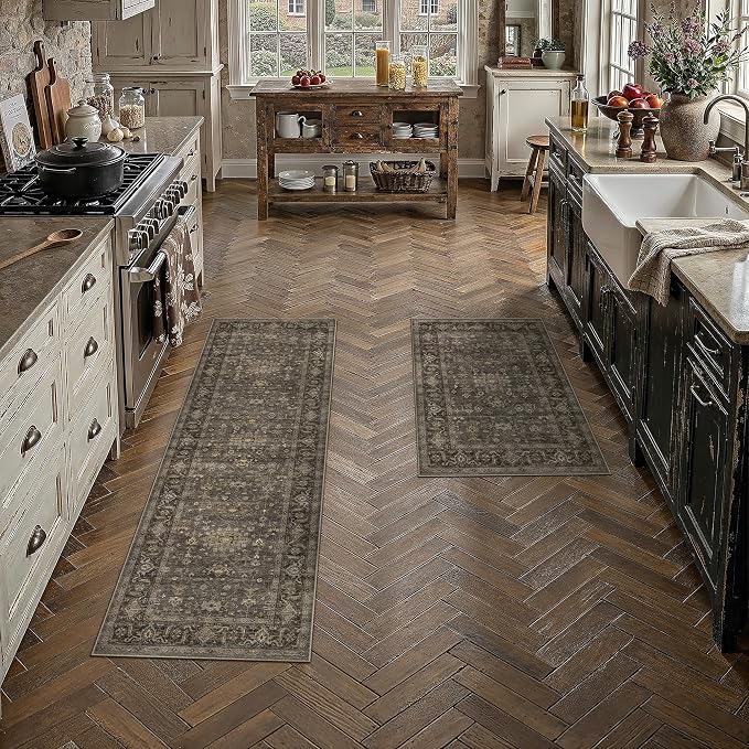 2 Piece Washable Kitchen Rug Set Vintage Brown Non Slip Low Pile Runner Mats Traditional Retro Soft Area Rugs for Hallway Bathroom Floor Sink Laundry Bedroom Entryway, 2x3 + 2x6