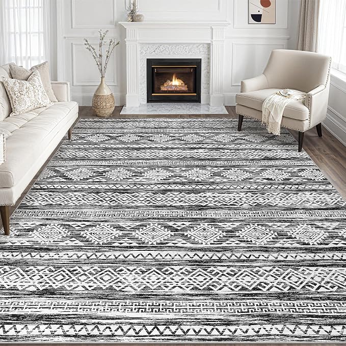 Tortania Area Rug Living Room Rugs - 10x14 Washable Large Soft Neutral Boho Moroccan Bohemian Farmhouse Rug Indoor Floor Carpet for Bedroom Under Dining Table Home Office Decor - Black White