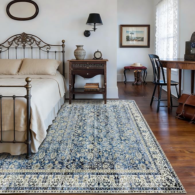 Blue Distressed Carpet Multi Rug Kitchen Living Room Bedroom Dining Room,6x9 Cover Print,Vintage Design Flower Area Rug