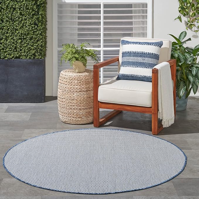 Nourison Home Courtyard Ivory Blue 4' x Round Area Rug - Easy Clean, Non Shedding, Bed Room, Living Room, Dining Room, Kitchen (4' x Round)