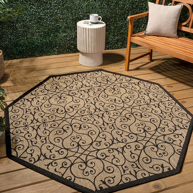 JONATHAN Y Vintage Filigree Indoor Outdoor Octagon Area Rug 5 Ft Black/Khaki, Madrid Textured Weave for Backyard, Patio, Porch, Easy-Cleaning, High Traffic, Pet-Friendly, Non-Shedding (SMB107A-5TGN)