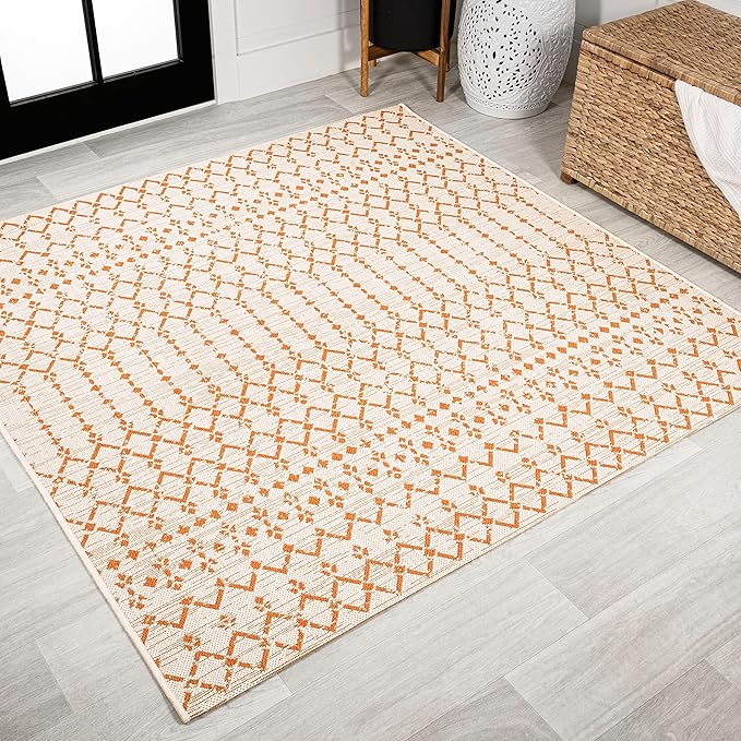 JONATHAN Y Moroccan Geometric Indoor Outdoor Square Area Rug 5X5 Cream/Orange, Ourika Textured Weave for Backyard, Patio, Porch, Easy-Cleaning, High Traffic, Pet-Friendly, Non-Shedding (SMB108O-5SQ)