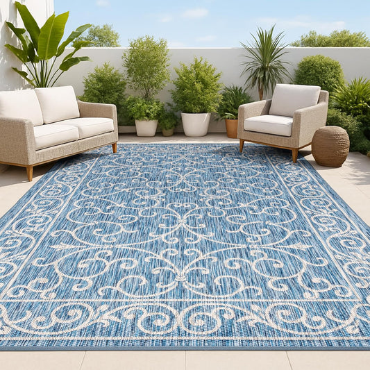 JONATHAN Y Vintage Filigree Indoor Outdoor Area Rug 5X8 Navy/Gray, Charleston Textured Weave for Backyard, Patio, Porch, Easy-Cleaning, High Traffic, Pet-Friendly, Non-Shedding (SMB106D-5)