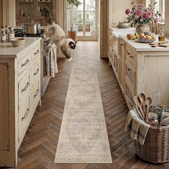2x8 Washable Neutral Runner Rug Beige Vintage Hallway Kitchen Carpet Non-Slip Soft Low Pile Oriental Throw Rug for Bedroom Bathroom Laundry Living Room