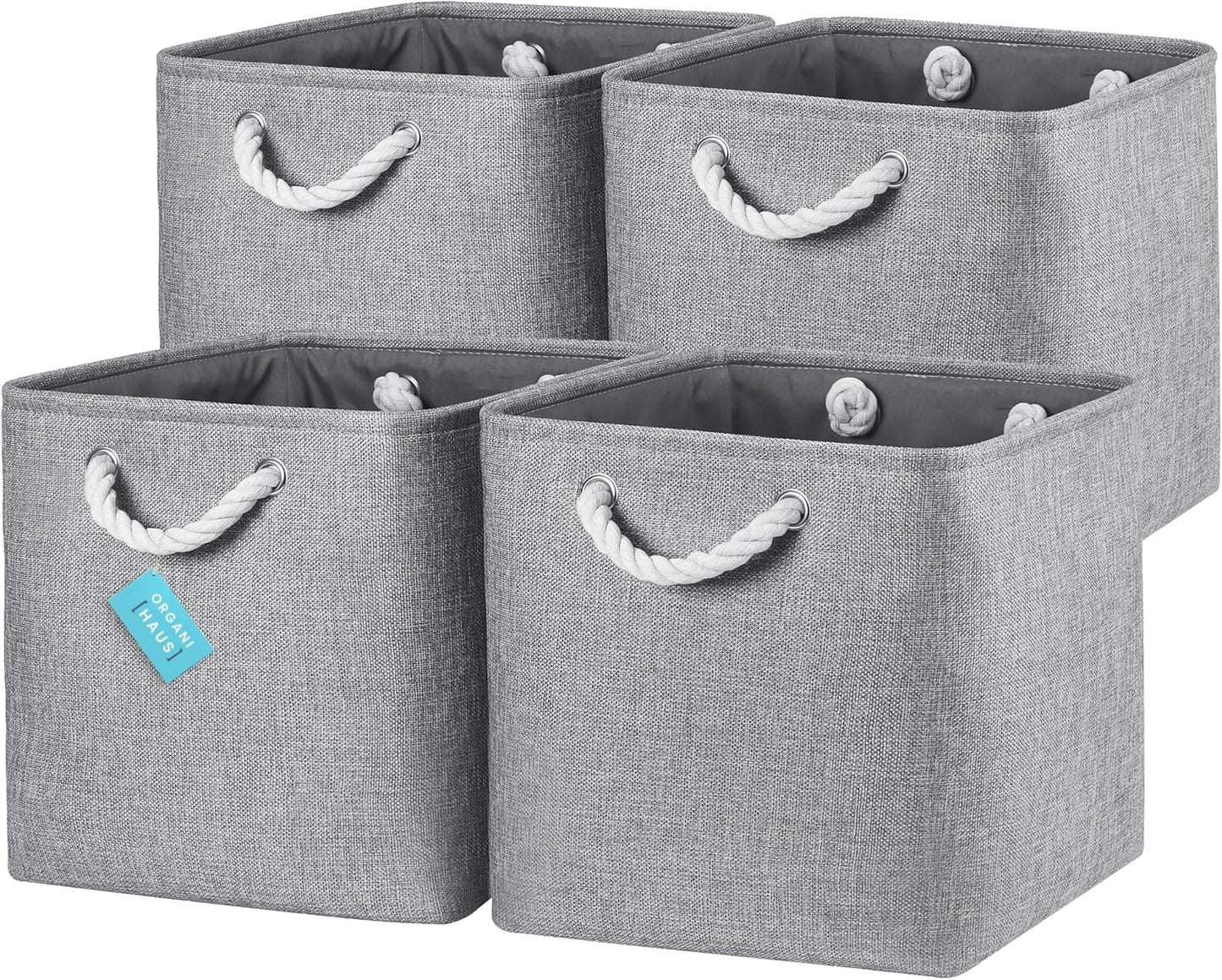 OrganiHaus 13x13 Cube Storage Bins 4 Pack, Foldable Cube Storage Organizer w/ Rope Handles, Collapsible Fabric Bins for Toys, Clothes & Closet Organization, Fabric Square Baskets - Gray