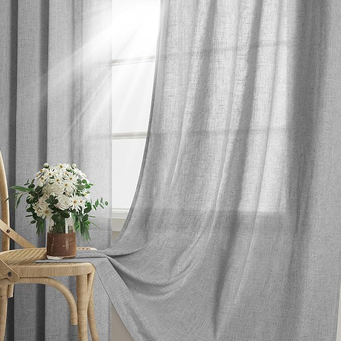 Gray Curtains 102 Inches Long 2 Panels Flax Drapes Semi Sheer Living Room Curtain Boho Farmhouse Natural Light Filtering Pale Grey Dove Slate Curtains for Patio Door Bedroom 102 Inch Length Grommet