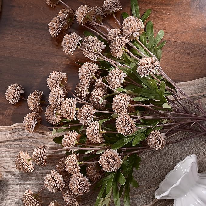 Waipfaru 10pcs Fake Silk Pompon Mum Artificial Flowers, Bulk Faux Mini Chrysanthemums, for Centerpieces Wedding Fillers Champagne Arrangements, No vase, Brown