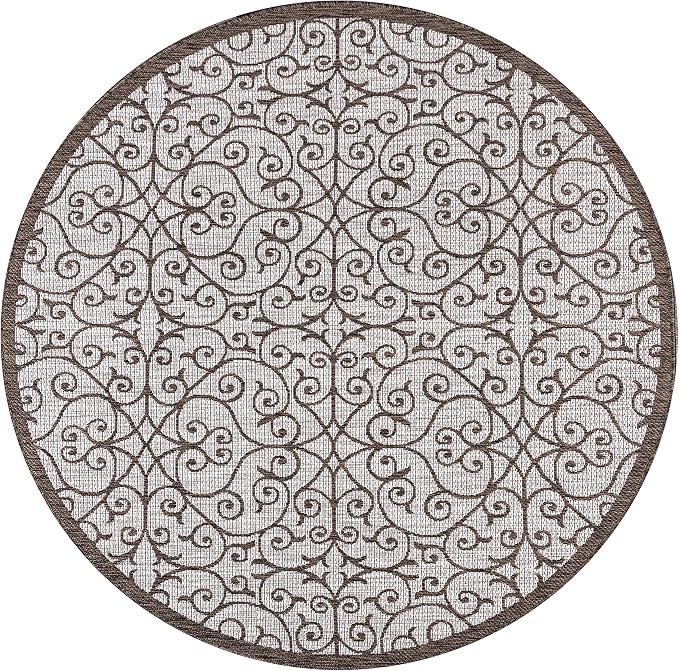 JONATHAN Y Vintage Filigree Indoor Outdoor Round Area Rug 8 Ft Taupe/Espresso, Madrid Textured Weave for Backyard, Patio, Porch, Easy-Cleaning, High Traffic, Pet-Friendly, Non-Shedding (SMB107C-8R)
