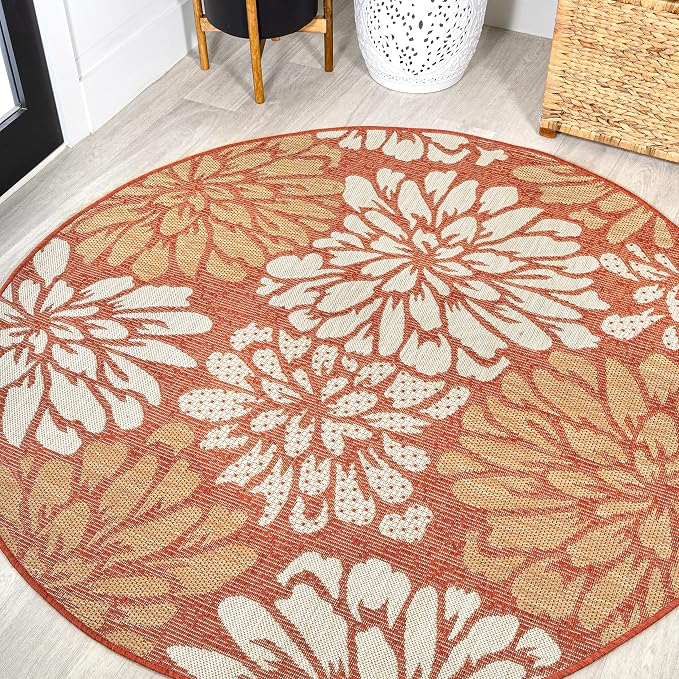 JONATHAN Y Floral Textured Weave Indoor Outdoor Round Area Rug 5 Ft Orange/Cream, Zinnia Modern for Backyard, Patio, Porch, Easy-Cleaning, High Traffic, Pet-Friendly, Non-Shedding (SMB110E-5R)