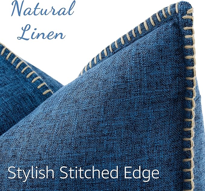 decorUhome Summer Decorative Throw Pillow Covers 24x24 Set of 2 Square Faux Linen Outdoor Neutral Farmhouse Euro Sham Pillow Covers with Stitched Edge for Couch Sofa Living Room, Dark Blue