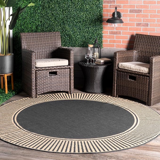 Nuloom Asha Dark Grey/Ivory, 8' Round, Casual, Striped Border, Soft and Cozy, High Traffic, Stain Resistant, Easy Clean, Durable Area Rug for Indoor/Outdoor Patio, Deck, Porch, Garden, Courtyard
