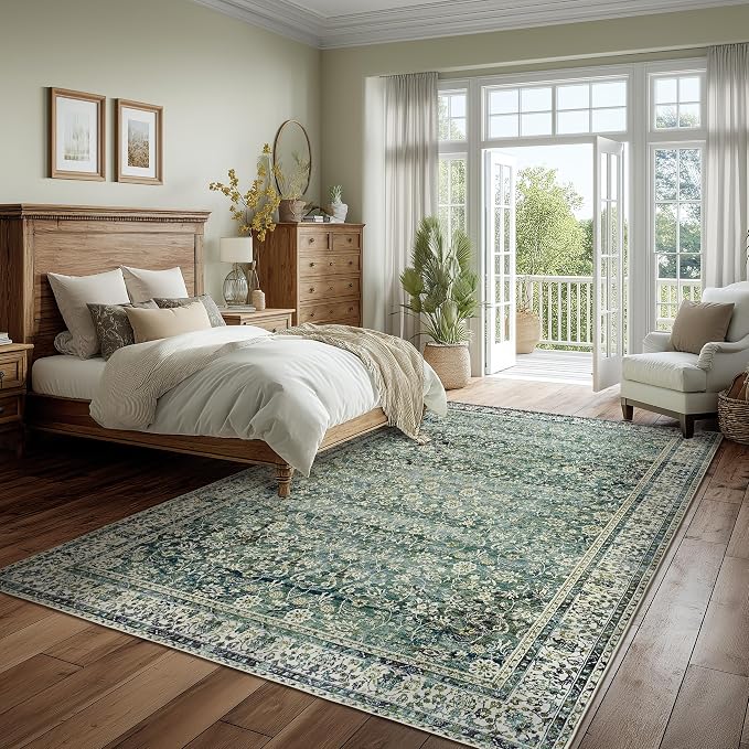 Dark Green Area Rugs 8x10 for Living Room Washable Non Slip Low Pile Blue and Green Rug Boho Vintage Floral Distressed Indoor Large Carpet for Bedroom Under Bed Dining Room Under Table 8 x 10,Teal