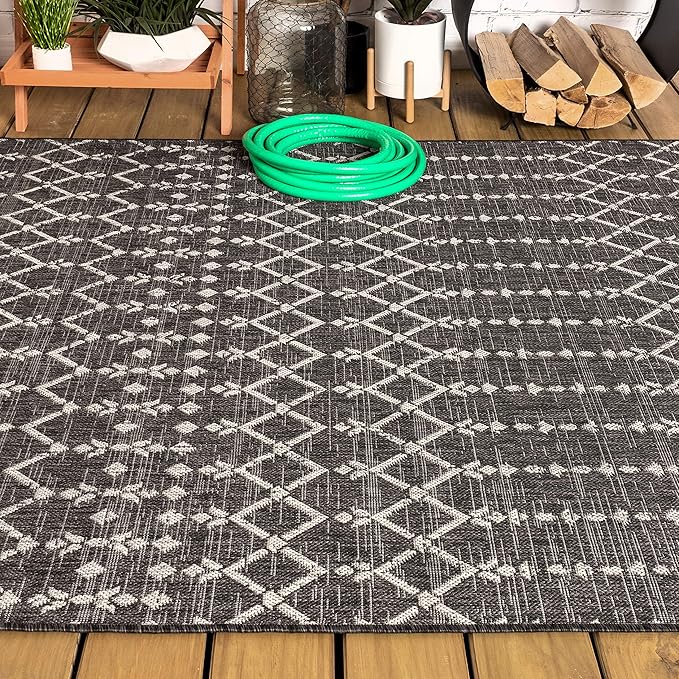 JONATHAN Y Moroccan Geometric Indoor Outdoor Area Rug 8X10 Black/Gray, Ourika Textured Weave for Backyard, Patio, Porch, Easy-Cleaning, High Traffic, Pet-Friendly, Non-Shedding (SMB108F-8)