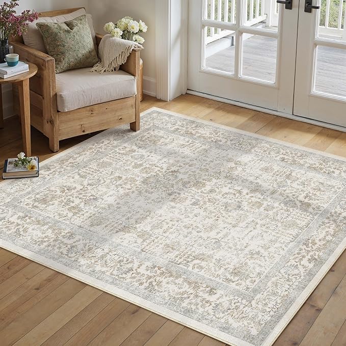 PureCozy Taupe Area Rug 3x4 Office Entryway Rug Machine Washable Kitchen Vintage Distressed Non Slip Carpet Indoor Retro Floral Accent Throw Door Mat for Bathroom Bedroom Dining Living Room