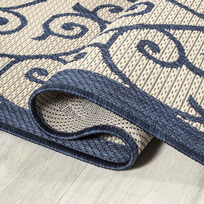 JONATHAN Y Vintage Filigree Indoor Outdoor Area Rug 8X10 Navy/Beige, Madrid Textured Weave for Backyard, Patio, Porch, Easy-Cleaning, High Traffic, Pet-Friendly, Non-Shedding (SMB107G-8)