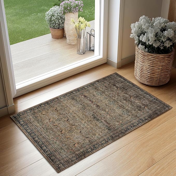 Ruaruarug Washable Area Rug 2x3 for Kitchen Entryway Living Room Bedroom, Ultra Soft Non Slip Stain & Fade Resistant, Pet & Kids Friendly, Suitable for High Traffic Areas Easy to Clean, Vintage Brown