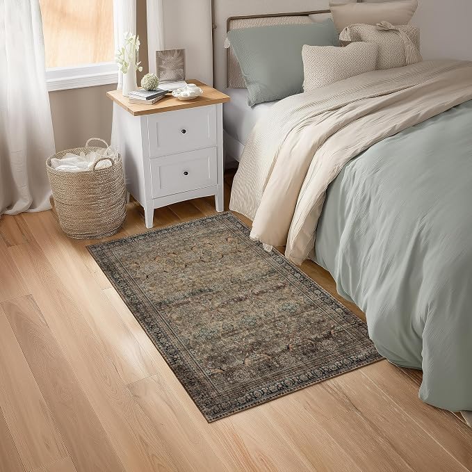 Ruaruarug Washable Area Rug 2x3 for Kitchen Entryway Living Room Bedroom, Ultra Soft Non Slip Stain & Fade Resistant, Pet & Kids Friendly, Suitable for High Traffic Areas Easy to Clean, Vintage Brown