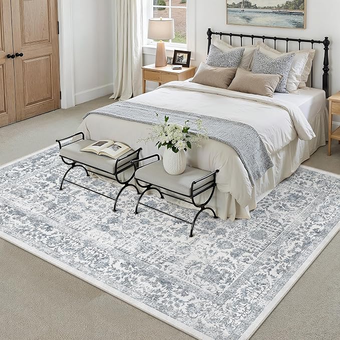 PureCozy Navy Blue Area Rug 9x12 Machine Washable Large Vintage Living Room Distressed Non Slip Carpet Traditional Indoor Bedroom Retro Floral Accent Throw Rug for Office Kitchen Dining Room