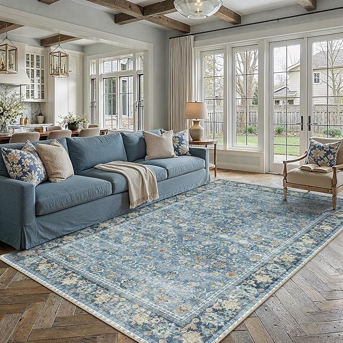 HUGEAR 6x9 Machine Washable Rugs Light Blue Hallway Large Area Rug Indoor Accent Rug Floral Low Pile Carpet Soft Throw Aesthetic Rug Bedroom Living Room Office Dining Room Kitchen Laundry Room
