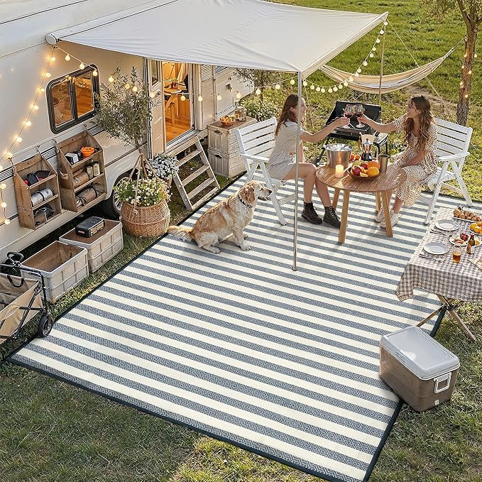HUGEAR 9'x12' Outdoor Rug Waterproof Plastic Straw Rugs Large Blue Stripe Reversible Mat Floor Carpet for Camping RV Deck Entryance Porch Picnic Balcony Beach Backyard