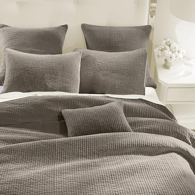 HiEnd Accents Stonewashed Velvet Quilted Euro Sham, 27x27 inch, Taupe Solid Color, Classic Traditional Rustic Style Luxury Bedding