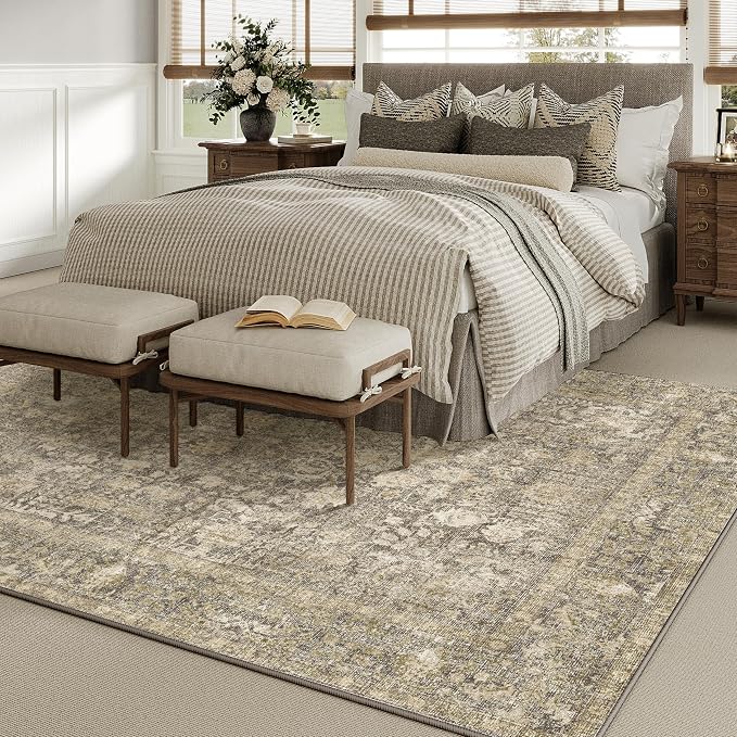 PureCozy Brown Area Rug 8x10 Machine Washable Large Vintage Living Room Distressed Non Slip Carpet Traditional Indoor Bedroom Retro Floral Accent Throw Rug for Office Kitchen Dining Room