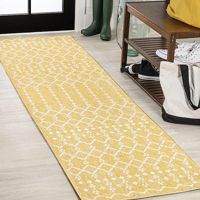 JONATHAN Y Moroccan Geometric Indoor Outdoor Runner Rug 2X8 Yellow/Cream, Ourika Textured Weave for Backyard, Patio, Porch, Easy-Cleaning, High Traffic, Pet-Friendly, Non-Shedding (SMB108G-28)