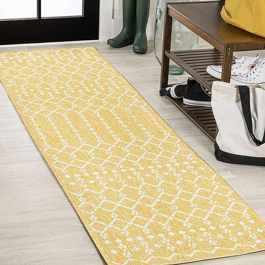JONATHAN Y Moroccan Geometric Indoor Outdoor Runner Rug 2X8 Yellow/Cream, Ourika Textured Weave for Backyard, Patio, Porch, Easy-Cleaning, High Traffic, Pet-Friendly, Non-Shedding (SMB108G-28)