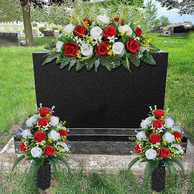 DONODA 2 Sets of Artificial Cemetery Flowers， Outdoor Grave Decorations Roses，Accompanied by 2 Long Nail Vases，Lasting and Non-Bleed Colors. (18 Heads (red+White))