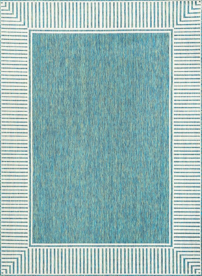 Nuloom Asha Teal/Ivory, 5' x 8', Casual, Striped Border, Soft and Cozy, High Traffic, Easy Clean, Durable Area Rug for Indoor/Outdoor Patio, Deck, Porch, Garden, Courtyard