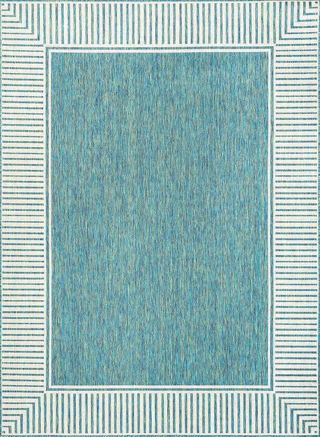 Nuloom Asha Teal/Ivory, 8' x 10', Casual, Striped Border, Soft and Cozy, High Traffic, Easy Clean, Durable Area Rug for Indoor/Outdoor Patio, Deck, Porch, Garden, Courtyard