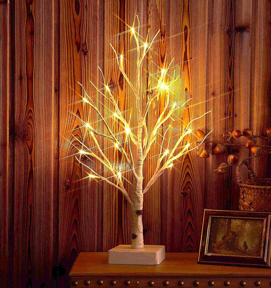 Hairui Lighted Easter Tree with Timer, Tabletop Birch Tree with Lights 18IN 24 LED for Fireplace, Mantle Party Decoration