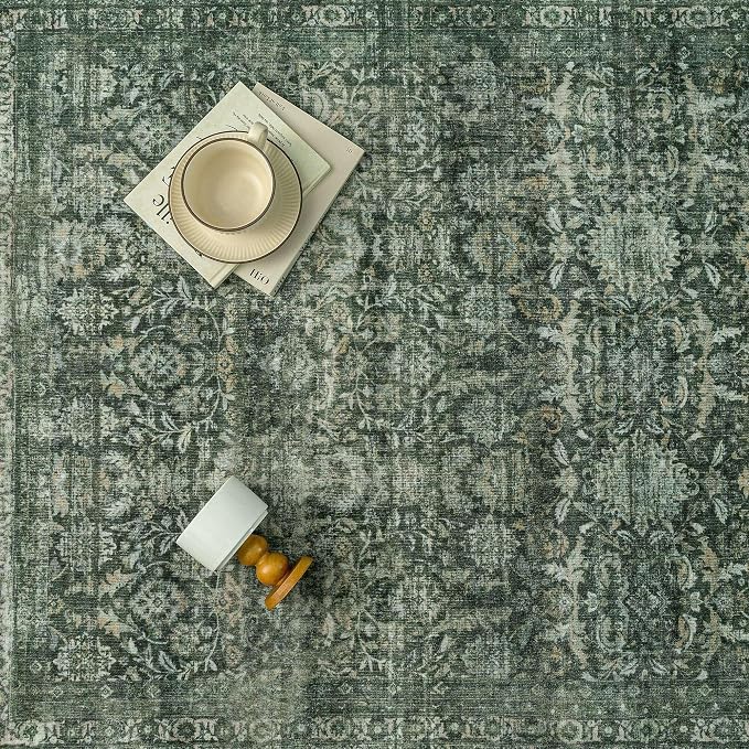2x3 Green Washable Neutral Area Rug for Entryway Non Slip Soft Thin Throw Rug Floral Durable Low Pile Carpet Modern Stain Resistant Door Mat for Living Room Laundry Kitchen Playroom