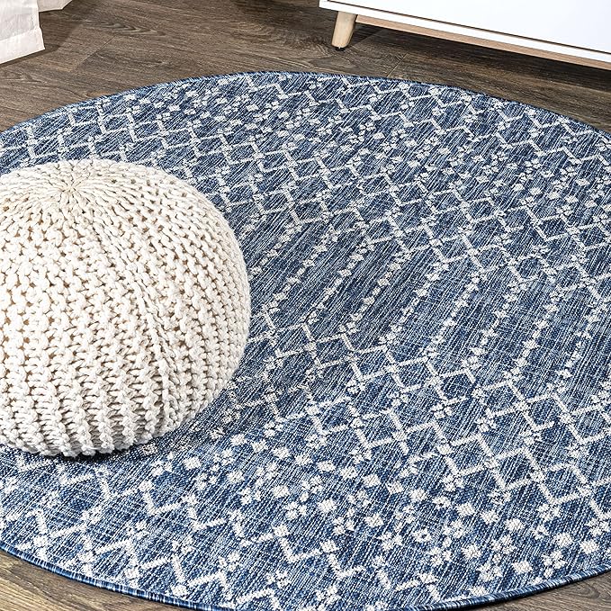JONATHAN Y Moroccan Geometric Indoor Outdoor Round Area Rug 3 Ft Navy/Light Gray, Ourika Textured Weave for Backyard, Patio, Porch, Easy-Cleaning, High Traffic, Pet-Friendly, Non-Shedding SMB108B-3R