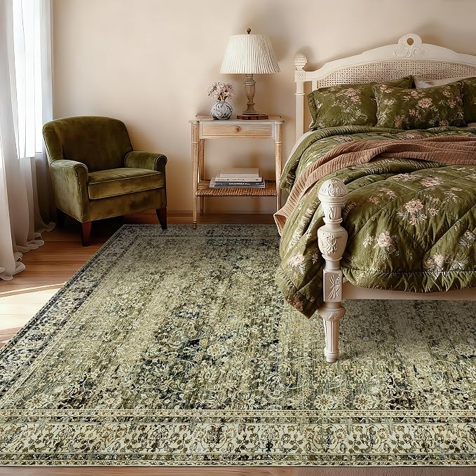BILEEHOME Washable 6x9 Area Rugs for Bedroom Aesthetic,Cozy Soft Neutral Distressed Floral Dark Olive Green Decor Vintage Boho Rug for Living Room Bed Room Dining Room