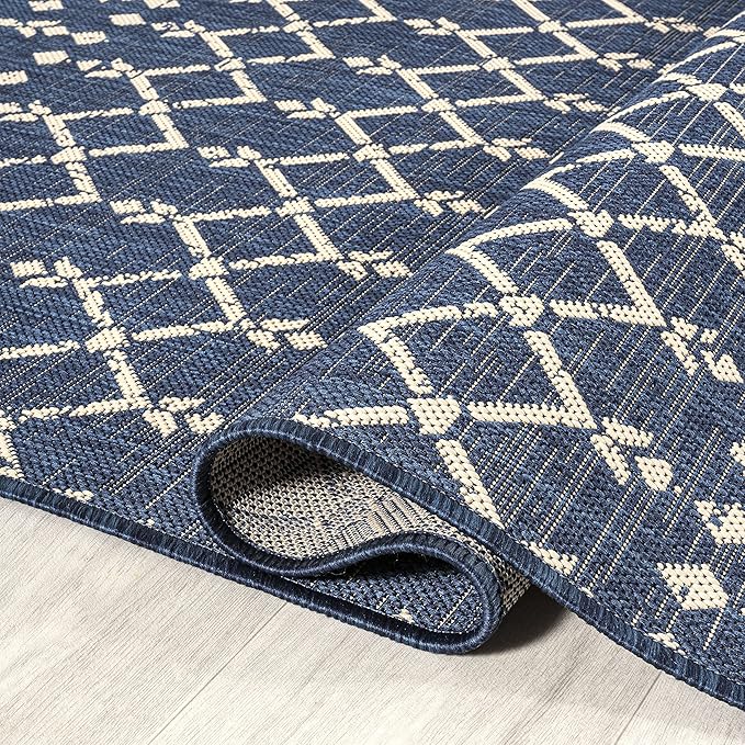 JONATHAN Y Moroccan Geometric Indoor Outdoor Square Area Rug 3X3 Navy/Beige, Ourika Textured Weave for Backyard, Patio, Porch, Easy-Cleaning, High Traffic, Pet-Friendly, Non-Shedding (SMB108K-3SQ)