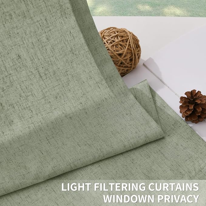 Sage Green Pinch Pleated Linen Curtains 96 Inch Length 2 Panels for Living Room Bedroom Elegant Country Farmhouse Privacy Light Filtering Semi Sheer Back Tab Drapes with Hooks for Dining Room 40x96